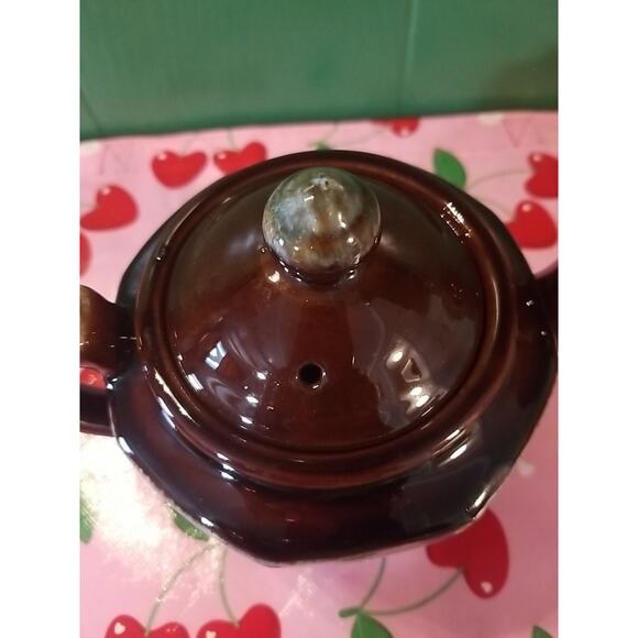Vtg Octagonal ceramic tea pot brown/w charming Blueish drip glaze no chips - Picture 2 of 6